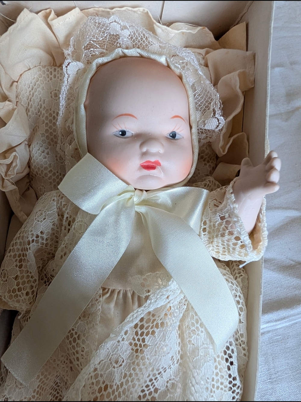 Vintage Porcelain Baby Doll in Cream Lace Dress